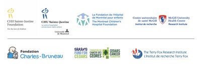Logos: CHU Sainte-Justine Foundation, CHU Sainte-Justine, Montreal Children's Hospital Foundation, Research Institute of the MUHC, Charles-Bruneau Foundation, Sarah's Fund, The Terry Fox Research Institute (TFRI) (CNW Group/The Montreal Children's Hospital Foundation)