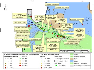 Figure 2 : Secteurs Esprance et Esprance Ouest : localisation des trous de forage et chantillons significatifs en surface provenant du programme de 2017 (Groupe CNW/RNC Minerals)