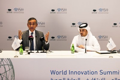 Professor the Lord Darzi of Denham, Executive Chair of WISH (left), Khalifa Al Kubaisi, Head of Press Office, Qatar Foundation, at the launch of WISH 2018, in Doha, Qatar. (PRNewsfoto/WISH)