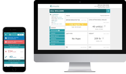 Insulia app for patients paired with web portal for healthcare practitioners.