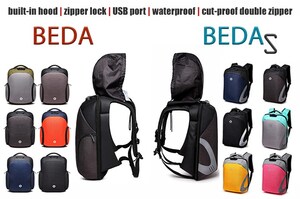 BEDA Super All Weather Anti-theft Backpacks Protect Owners and Property with Built-in Hood and Zipper Lock with Steel Coil Cable