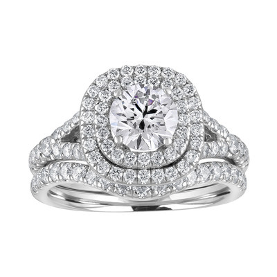 Pure Grown Diamonds Bridal Collection featuring a double hallo engagement ring with a matching band.