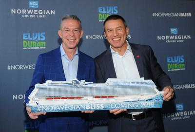 Radio personality Elvis Duran, left, and Norwegian Cruise Line President & CEO Andy Stuart celebrate Duran being named Godfather of Norwegian Cruise Line’s newest ship, Norwegian Bliss, Wednesday, Nov. 29, 2017, in New York.
(Photo by Diane Bondareff/Invision for Norwegian Cruise Line/AP Images)