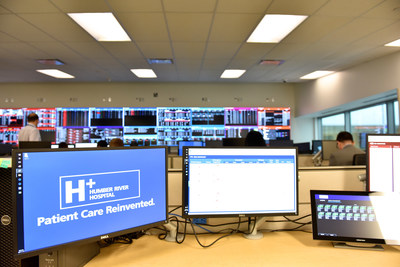 The Command Centre is located in a 4,500 square foot space.  The Command Centre includes 20 workstations, 22 LED screens.  Screens display critical information generated by real-time and predictive analytics to support decision-making, trouble-shooting and process improvement. (CNW Group/Humber River Hospital)