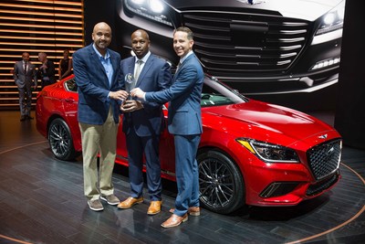 Genesis G80 wins ALG’s 2018 Residual Value Award in the ‘Premium Fullsize’ segment. Pictured, left to right, are Alain Nana-Sinkam; ALG vice president of industry solutions; Erwin Raphael - general manager, Genesis Motor America, and Eric Lyman, ALG vice president of industry insights.