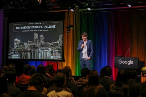 Frank Wooten, CEO, Vence Corp, a startup reinventing livestock management with their IoT device, pitches at the GSVlabs Boston Startup Challenge on November 16th, 2017