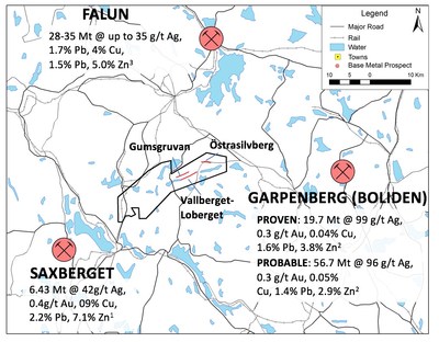 Figure 1: The Gumsberg License is in the highly prospective Bergslagen District of southern Sweden.  The nearby mines and deposits in the region provide geologic context for Boreal's Projects, but this is not necessarily indicative that the Project hosts similar mineralization. For footnotes please refer to press release. (CNW Group/Boreal Metals)