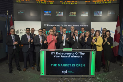 Francois Tellier, EY Partner and National EY Entrepreneur Of The Year Program Director, joined Rob Peterman, Vice-President, Global Business Development, TMX Group, to open the market to congratulate the winners of the EY Entrepreneur Of The Year 2017 program. Also joining them were program sponsors, judges, supporters and the EY leadership team. The EY Entrepreneur Of The Year awards encourage entrepreneurial activity and celebrates those who are building and leading successful, growing and dynamic businesses. (CNW Group/TMX Group Limited)