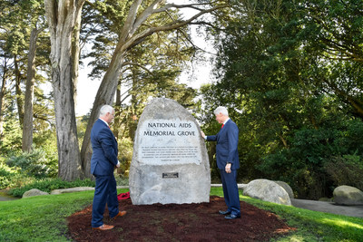 The National AIDS Memorial dedicates a boulder in honor of President Bill Clinton during World AIDS Day observances in San Francisco.  Pictured with the President John Cunningham, Executive Director. (Photo Credit: Trish Tunney)
