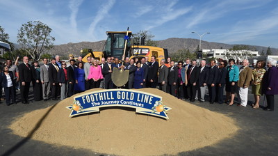 Dozens of elected officials join the Foothill Gold Line Construction Authority to break ground on the Foothill Gold Line light rail extension from Glendora to Montclair.