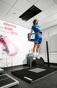 Joe Allen, Stoke City F.C. midfielder, performs a simple six-jump test on a force plate using Sparta Science technology, which generates a Sparta Score that will help his coaches personalize his training, prevent injury and maximize on-field time.