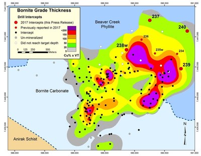 Figure 5 – MAP SHOWING GRADE X THICKNESS OF MINERALIZED INTERSECTIONS USING A 0.3% Cu CUT-OFF GRADE (CNW Group/Trilogy Metals Inc.)