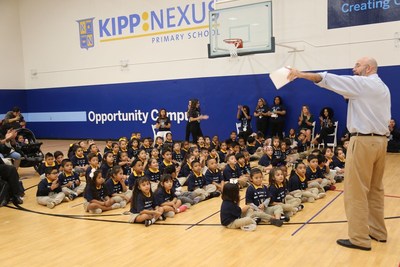 KIPP Co-Founder Mike Feinberg addresses the students at the ribbon-cutting for the BBVA Compass Opportunity Campus, home of KIPP NEXUS, on Monday.