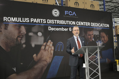 Pietro Gorlier, Head of Parts and Service (Mopar), FCA, speaks during the dedication ceremony for the new Mopar Parts Distribution Center in Romulus, Michigan, on December 6, 2017.