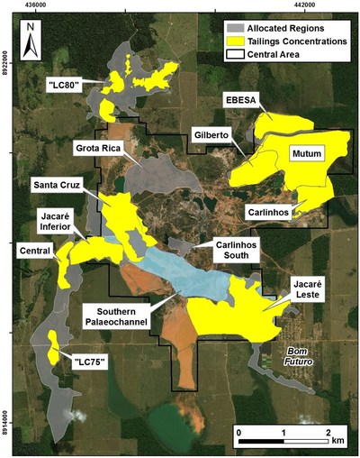 Figure 1: Distribution of allocated areas under the mining services agreement. Areas in yellow have been evaluated as resources / exploration targets in the current study. (CNW Group/Meridian Mining S.E.)
