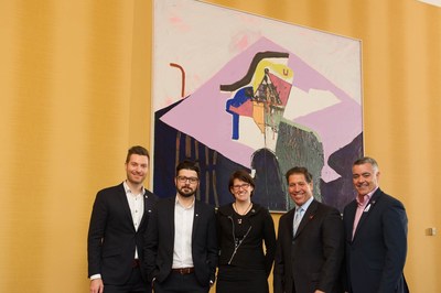 From left to right, Simon Robert, Director of Social Responsibility, Loto-Qubec; Claudio Marzano, Art Consultant at Canada Council for the Arts Art Bank; Valrie Camden, Responsible for Ville de Gatineau's permanent collection; Alain Miroux, General Manager, Casino du Lac-Leamy and Pierre Lanthier, City Councillor and President of Ville de Gatineau's Commission des loisirs, des sports et du dveloppement communautaire. (CNW Group/Loto-Qubec)