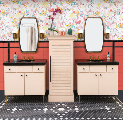 This 1950’s Miami Vice style bathroom most certainly steals the show as it is a throwback-styled design with modern elements. Elements like the all-important illumination of drawers and cabinets, using Häfele lighting (Wellborn Cabinet’s Touch To Light feature), or the base pull-out wire baskets. These fun twists of technology paired with retro-styled elements make this a winning solution for those looking for an enjoyable and lively design.