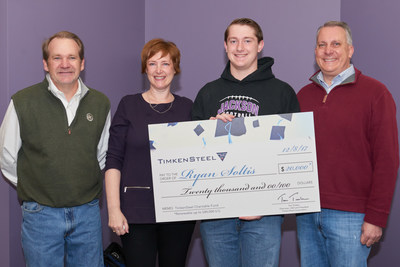 The TimkenSteel Charitable Fund named seven new TimkenSteel scholars today who will receive $145,000 in scholarship funds.  Tim Timken, TimkenSteel chairman, CEO and president (left), was on hand at Jackson High School to present the top award to Ryan Soltis.  (Also in photo is his mother Cherise and father Roger, on right.) The high school senior earned a $20,000 scholarship, renewable for up to three additional years for a total of $80,000.