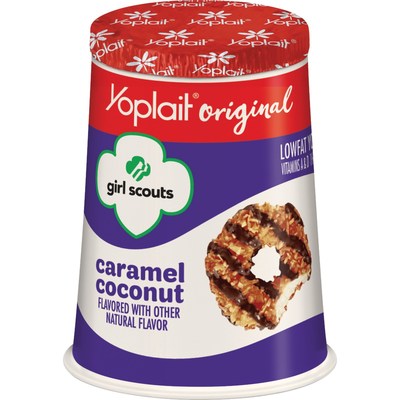 Yoplait introduces Girl Scout Cookie-inspired yogurt including Yoplait Original Girl Scouts Caramel Coconut yogurt.