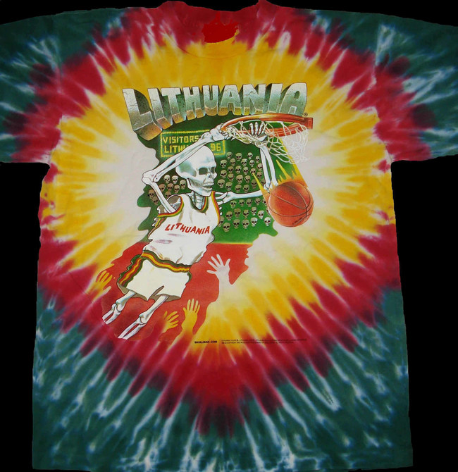 Greg Speirs' 1992 Lithuania Tie Dye Skullman® basketball uniforms are now forever part of Lithuania folklore. Original Skullman t-shirts are available from www.skullman.com (1992 Copyright & ® Trademarks of Greg Speirs / Licensor).
