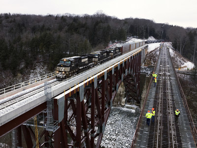 At 2:20 p.m. Monday, Norfolk Southern general merchandise train 36T became the first to cross the new Portageville Bridge.