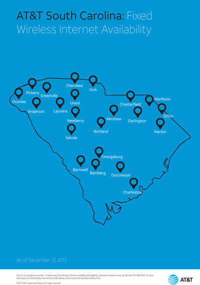 South Carolina Fixed Wireless Internet Map, December 2017
