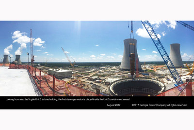 The first steam generator is placed for Vogtle Unit 3. The 1.4 million-pound steam generator marked the first major lift with Southern Nuclear in charge of oversight activities at the construction site.