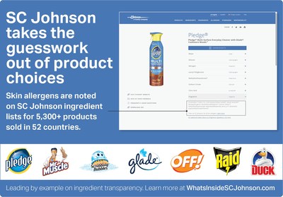 SC Johnson goes above and beyond regulatory and industry standards, listing specific skin allergens by product on its ingredient website WhatsInsideSCJohnson.com.