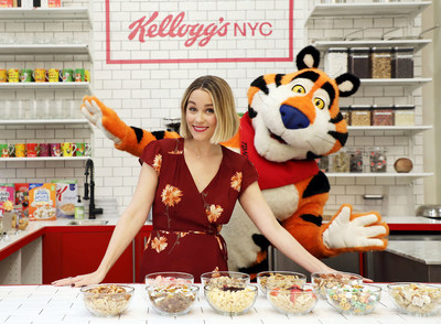 Designer, foodie and lifestyle expert Lauren Conrad and Tony the Tiger® celebrate the launch of the new Union Square Kellogg’s® NYC Café on Tuesday, Dec. 12, 2017, in New York. A bigger, better Kellogg’s® NYC Café opens permanently on Dec. 14th. Credit: Sara Jaye Weiss