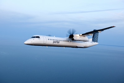 Porter exploite le Q400 de Bombardier. Cet avion établit de nouvelles normes en matière de confort et de consommation de carburant, utilisant de 30 à 40 p. cent moins de carburant que des jets régionaux et à fuselage étroit comparables. Le Q 400 offre une vitesse de croisière élevée, une technologie révolutionnaire de réduction du bruit et des moteurs à faibles émissions. (Groupe CNW/Porter Airlines Inc.)