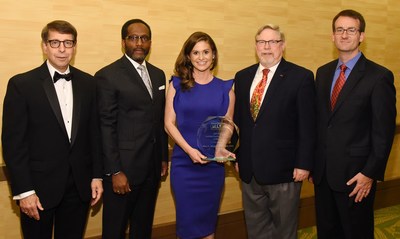 PTCB CPhT of the Year SSgt Mary Johnson, USAF, was honored December 5 in Orlando by: PTCB Board member and ASHP CEO Paul Abramowitz, PharmD, ScD (Hon), FASHP; PTCB Executive Director and CEO Everett B. McAllister, MPA, RPh, Col., USAF (Ret.); PTCB Board member and Illinois Council of Health-System Pharmacists Executive Director Scott Meyers; and PTCB Executive Director and CEO-elect William Schimmel.