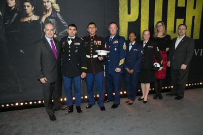 USO CEO and President Dr. J.D. Crouch II, five service members, Lorie Hennessey, USO SVP of Entertainment and Paul Allvin, USO SVP of Brand Advancement joined the cast on the red carpet at the Pitch Perfect 3 premiere.  USO photo by Brian Stethem