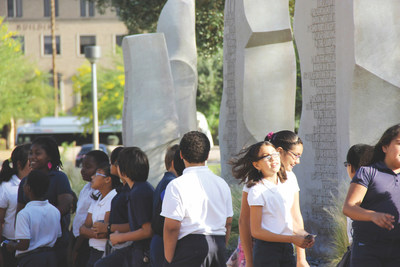 Schoolchildren visiting the Bill of Rights Monument at the Arizona Capitol in Phoenix