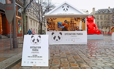 Special wood cabins with a panda motif on display at the Saint-Germain-des-Pres neighborhood's local Christmas market.
