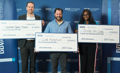The top three winners in BBVA Momentum 2017. Chad Houser, center, of Dallas' Café Momentum won the top prize of $50,000; Margo Baines, right, of Houston's Chicks With Class won $25,000 for second place; and Andy Lovley, left, of Dallas-based Education Opens Doors was awarded $5,000 for third.
