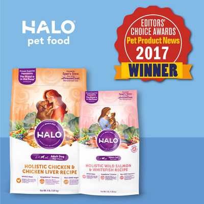 The leading pet trade, Pet Product News (PPN) announces Halo  Holistic Dog and Cat food made with real WHOLE Meat, humanely raised OrigiNativetm Proteins and Non-GMO Vegetables as Winners of the 2017 Editors' Choice Awards