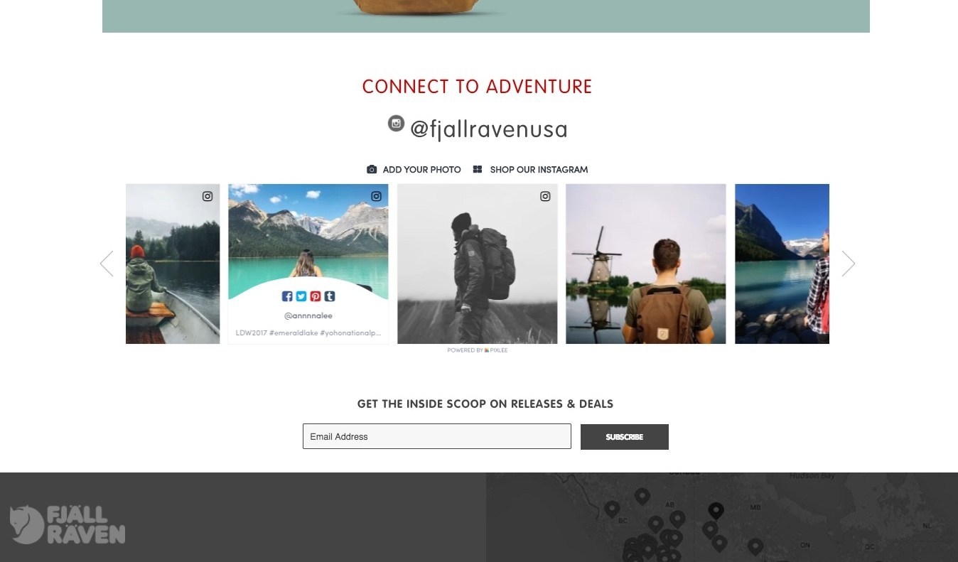 Fjällräven's homepage gallery containing shoppable user-generated content, powered by Pixlee.