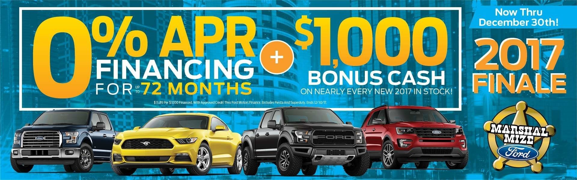 Chattanooga-area car shoppers who are looking for holiday savings on a new car, truck or crossover will discover the lowest prices of the year on select 2017 Ford models available at Marshal Mize Ford through December 30.