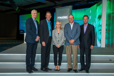 Sharp’s Mehryn Corrigan (center) joins Tech Data’s executive team on stage for the Tech Data Marketing and Sales Innovator of the Year Award.