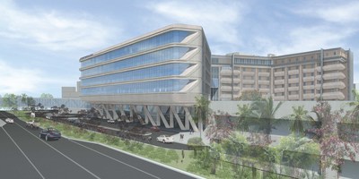 This rendering depicts a view of the new addition to St. Joseph's Hospital in Tampa as it will be seen looking westbound from Dr. Martin Luther King Jr. Blvd. The bridge will connect the main hospital with St. Joseph's Women's Hospital, which is located across the street.