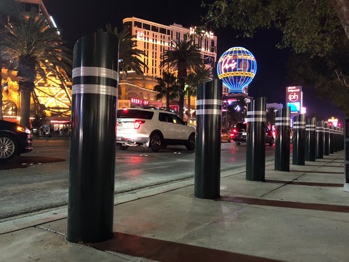 Gibraltar anti-ram bollards installed on Las Vegas Boulevard to protect pedestrians from vehicles.