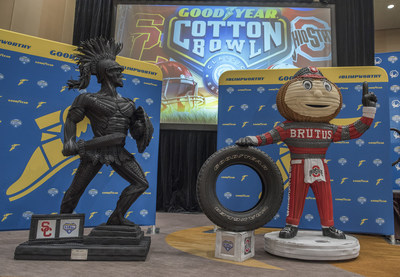 Goodyear unveils tire mascot sculptures of the University of Southern California's Tommy Trojan and The Ohio State University's Brutus on Wednesday, Dec. 27 in Dallas. Made from more than 400 Goodyear tires, the ?Blimpworthy' pieces of artwork honor the hard work, determination and grit of both teams that have advanced to the 82nd Cotton Bowl Classic.