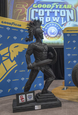 Goodyear unveils tire mascot sculptures of the University of Southern California’s Tommy Trojan and The Ohio State University’s Brutus on Wednesday, Dec. 27 in Dallas. Made from more than 400 Goodyear tires, the ‘Blimpworthy’ pieces of artwork honor the hard work, determination and grit of both teams that have advanced to the 82nd Cotton Bowl Classic.