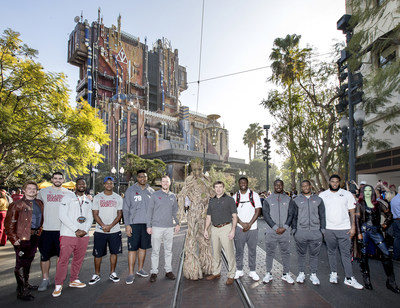 ROSE BOWL TEAMS VISIT DISNEYLAND RESORT (December 27, 2017) ? No. 2 Oklahoma Sooners and No. 3 Georgia Bulldogs made their first official appearances of the Rose Bowl Game week on Wednesday, Dec. 27, 2017, with a special ceremony at Disney California Adventure Park in Anaheim, Calif. Players and coaches from both teams are pictured with Groot, Gamora and Star-Lord at the Guardians of the Galaxy ? Mission: BREAKOUT! attraction. The teams will play in the 104th Rose Bowl game on Monday, January 1, 2018. (Joshua Sudock/Disneyland Resort)