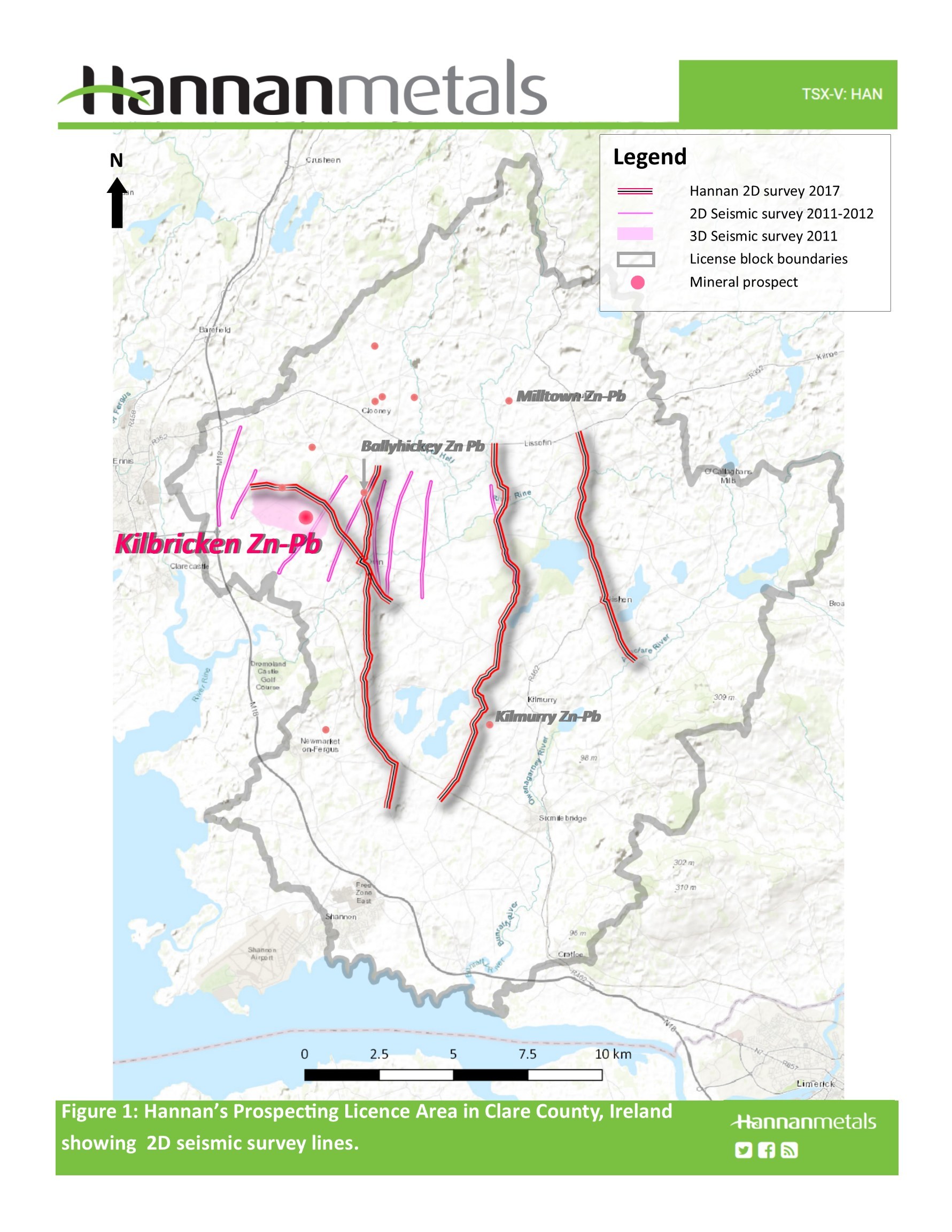 Figure 1: Hannan's Prospecting Licence Area in Clare County, Ireland showing 2D seismic survey lines. (CNW Group/Hannan Metals Ltd.)