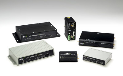 Digi TransPort® Series routers, including its newest Digi TransPort WR11XT (front).