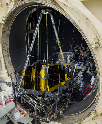 NASA's James Webb Space Telescope's optical system inside Johnson Space Center's thermal vacuum Chamber A, where the observatory's optics system was tested last summer. Chamber A is able to produce the vacuum and extremely cold temperatures Webb will experience during its mission. Credit: NASA