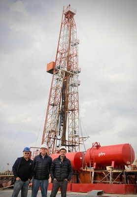 Zion Geoscience Consultant, Moshe Politi (left), Zion General Manager, Jeffrey Moskowitz (center) and  Israel’s Petroleum Commissioner, Yossi Wurzburger, (right) Visits Zion’s MJ #1 well