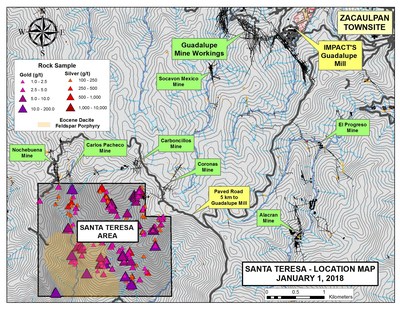 Santa Teresa - Location Map January 1, 2018 (CNW Group/IMPACT Silver Corp.)