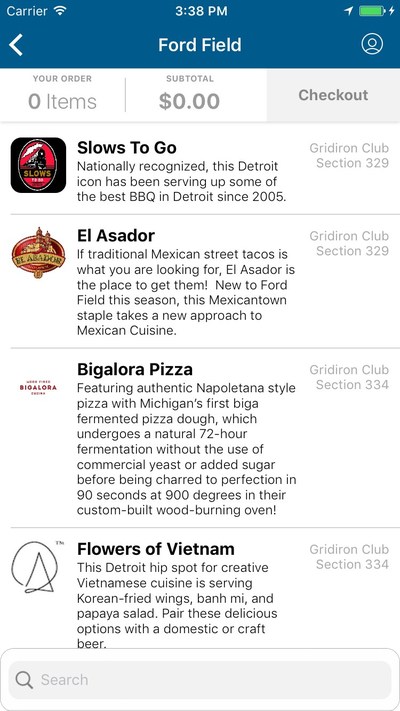 Detroit Lions fans who had seats within the new Grid Iron Club inside Ford Field were given exclusive access to order food and beverages through the team's mobile app from the four Detroit-themed restaurants that were added last offseason as part of a $100 million renovation.